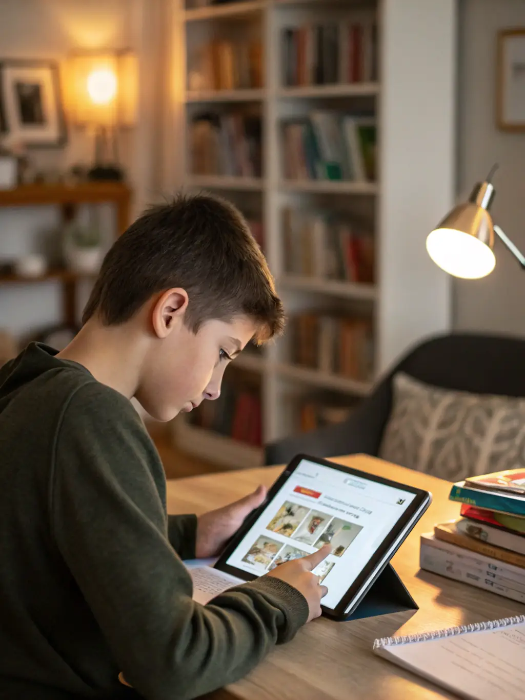 A student using an AI-powered learning application on a tablet, with a focus on personalized learning and adaptive feedback in a classroom setting.