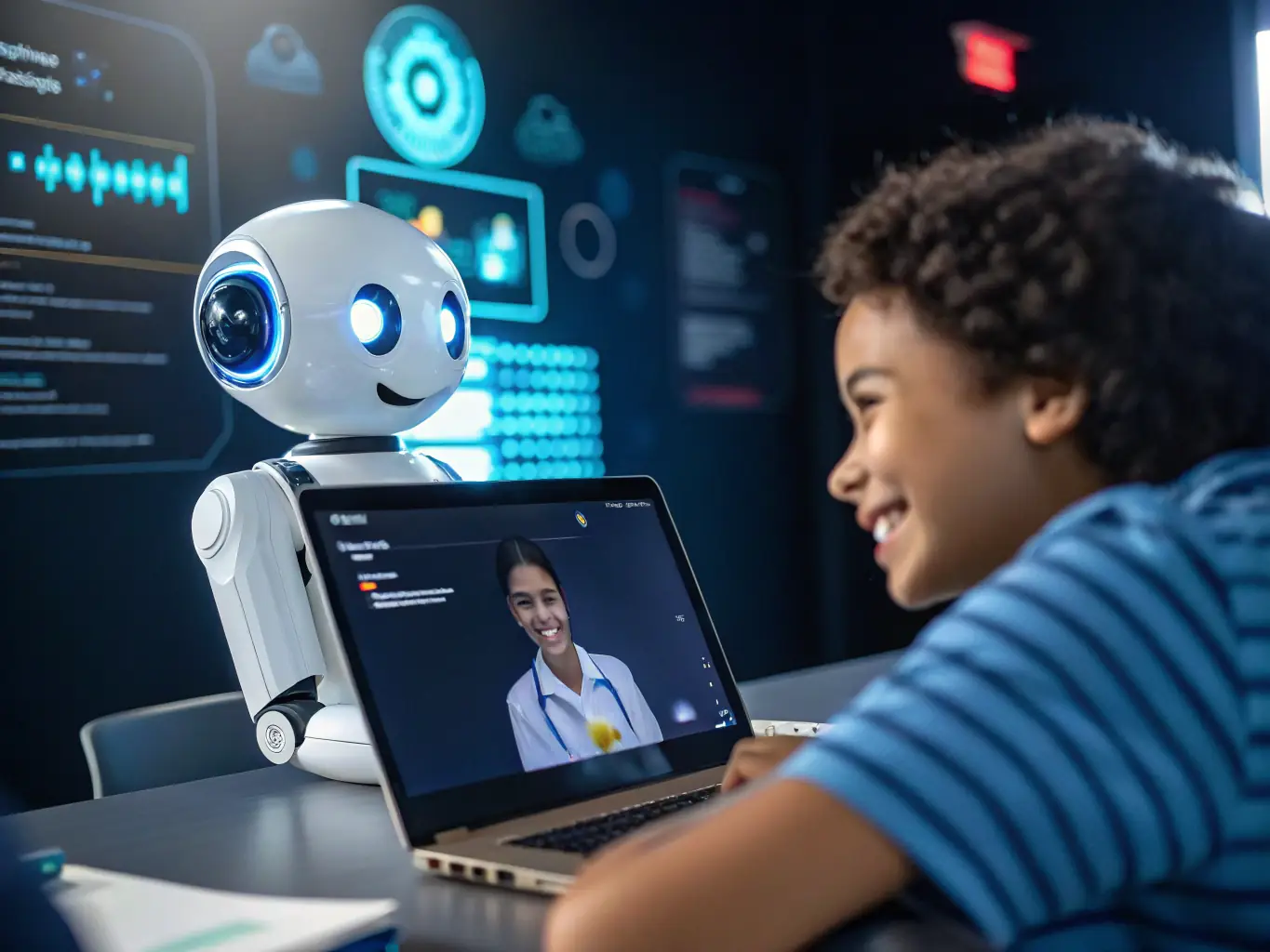 An illustration of a chatbot interface on a computer screen, with a student asking questions and receiving instant responses, representing the Educational Chatbots.