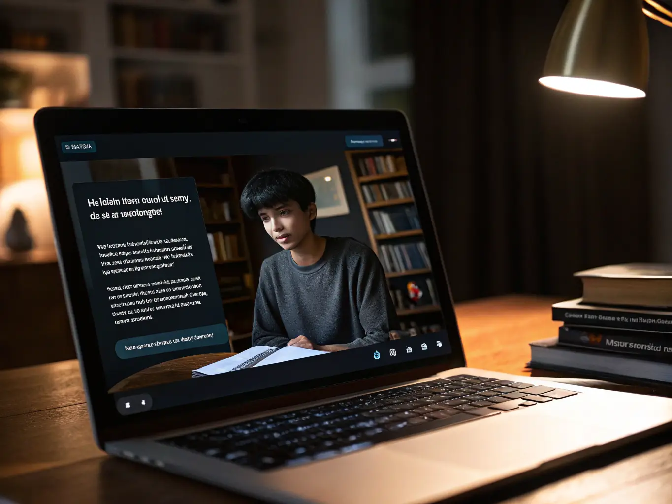 An illustration of a chatbot interface on a computer screen, with a student asking questions and receiving instant responses, highlighting instant support.