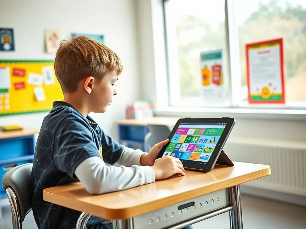 An image of a student interacting with an AI-powered tablet displaying educational content with vibrant graphics, showcasing personalized learning.