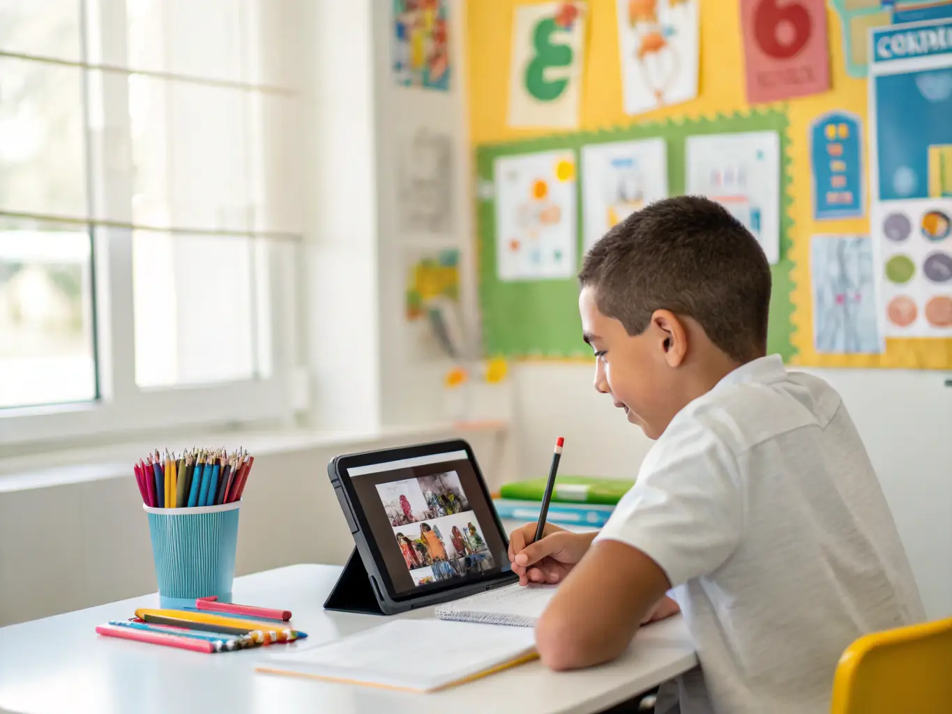 An image of a student interacting with an AI-powered tablet displaying educational content with vibrant graphics, showcasing the AI Learning Applications.