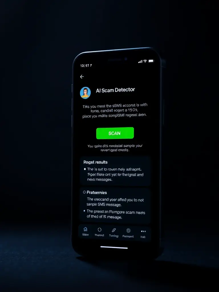 A screenshot of the AI Scam Detector app interface, clearly showing the scan button and the results display after analyzing a sample SMS message.
