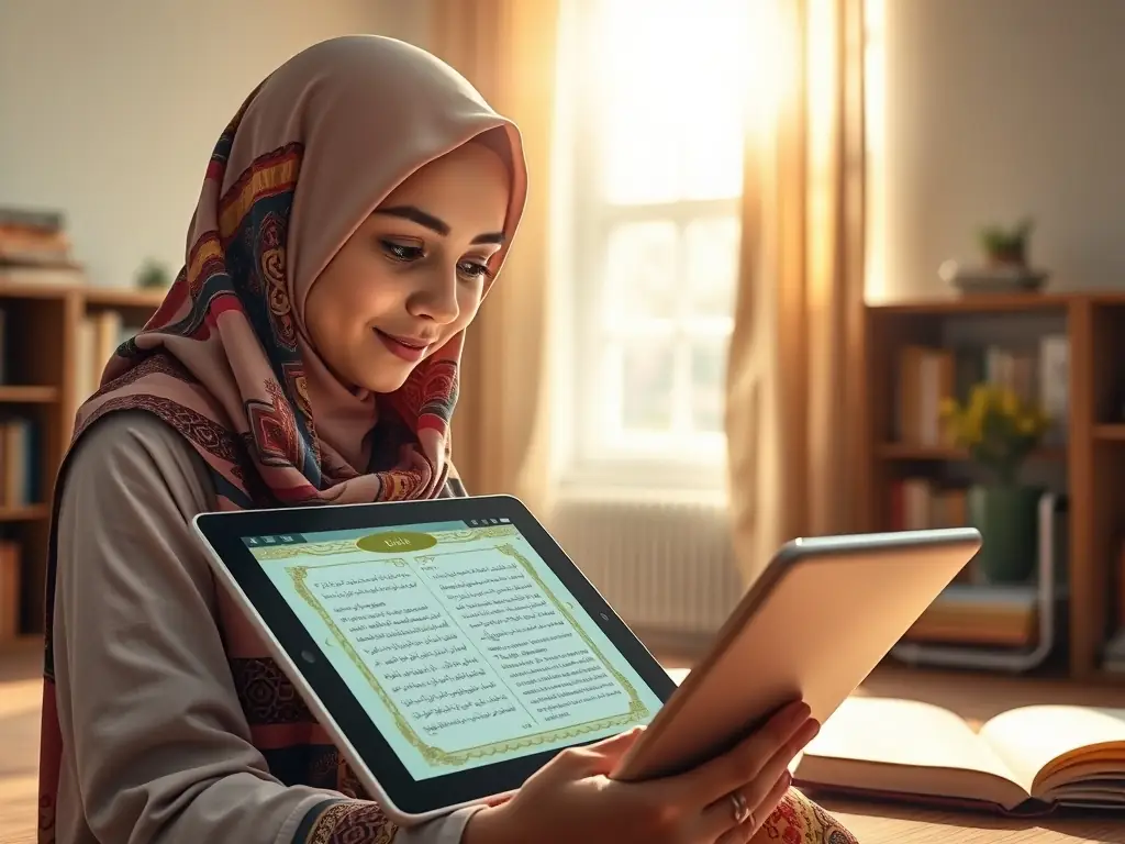 A user is interacting with the Quran Chat AI app on their tablet, with a split screen showing the Quranic text on one side and the AI chat interface on the other, set in a brightly lit, modern study room.