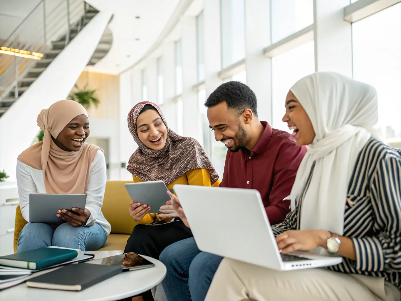 A diverse group of people are gathered around a table, each using the Quran Chat AI app on their smartphones, discussing and learning about the Quran together in a collaborative setting.